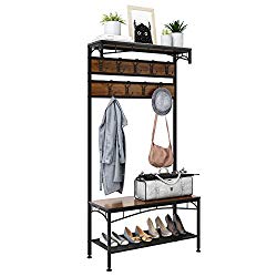 3-in-1 Entryway Coat Rack, Rackaphile Vintage Metal and Wood Hall Tree with Storage Bench Shoe Rack Entryway Storage Shelf Organizer with 18 Hooks