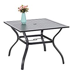 37″ Metal Steel Slat Patio Dining Table Square Backyard Bistro Table Outdoor Furniture Garden Table, 1.57″ Umbrella Hole, Black