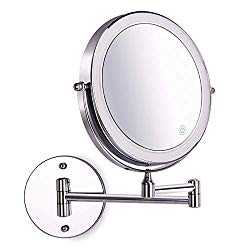 8 Inch Wall Mounted Makeup Mirror Adjustable LED Light Touch Screen 1X/10X Magnifying Two Sided 360° Swivel Extendable Vanity Mirror for Bathroom Chrome Finished Powered by Batteries