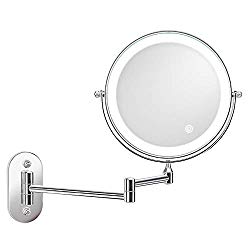 alvorog Wall Mounted Makeup Mirror 8 inches LED Touch Screen Adjustable Light Double Sided 1X/5X Magnifying Vanity Mirror Swivel Extendable for Bathroom Hotels Powered by Batteries (Not Included)