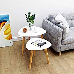 BAMEOS Bamboo Nesting Triangle End Table,Set of 2 Coffee Table Modern Minimalist Side Table for Living Room, Balcony in White