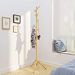 BAMEOS Bamboo Tree Coat Rack Stand- Easy Assembly NO Tools Required – 3 Adjustable Sizes Free Standing Coat Rack, Coat Hanger Stand for Clothes, Suits, Accessories(8 Hooks,Natural Color)