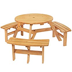 Best Choice Products 6-Person Circular Outdoor Wooden Picnic Table w/ 3 Built-in Benches and Umbrella Hole, Natural
