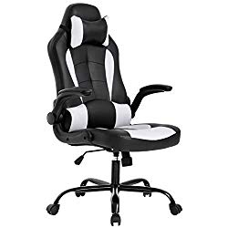 BestOffice PC Gaming Chair Ergonomic Office Chair Desk Chair with Lumbar Support Flip Up Arms Headrest PU Leather Executive High Back Computer Chair for Adults Women Men, Black and White