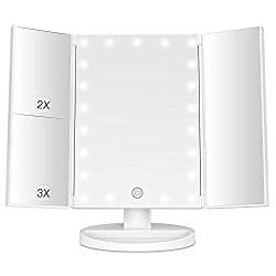 BESTOPE Makeup Vanity Mirror with Lights, 2X/3X Magnification, 21 Led Lighted Mirror with Touch Screen,180° Adjustable Rotation,Dual Power Supply,Portable Trifold Mirror