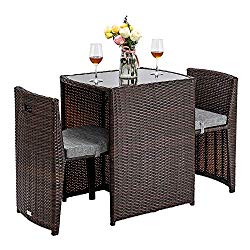 Bonnlo 3 PCS Outdoor Wicker Patio Set, Rattan Bistro Set with Glass Top Table Cushioned Chairs, Patio Convention Set Dining Table Set for Garden Yard Porch, Space Saving Design