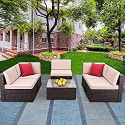Devoko Patio Furniture Sets 6 Pieces Outdoor Sectional Rattan Sofa All-Weather Manual Weaving Wicker Patio Conversation Set with Glass Table and Cushion (Beige)