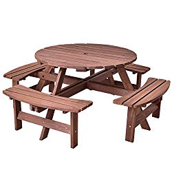 Giantex 8 Person Wooden Picnic Table Set with Wood Bench, with Umbrella Hold Design, Perfect for Outdoor Garden Yard Pub Beer Dining, Dark Brown