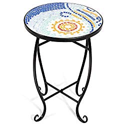 Giantex Mosaic Round Side Accent Table Patio Plant Stand Porch Beach Theme Balcony Back Deck Pool Decor Metal Cobalt Glass Top Indoor Outdoor Coffee End Table (Blue Hawaii)