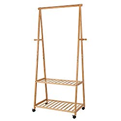 Homfa Bamboo Clothes Rack on Wheels Rolling Garment Rack with 2-Tier Storage Shelves and 4 Coat Hooks for Shoes, Clothing