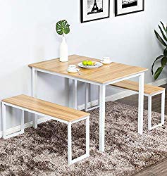 Homury 3 Piece Dining Table Set Breakfast Nook Dining Table with Two Benches,White