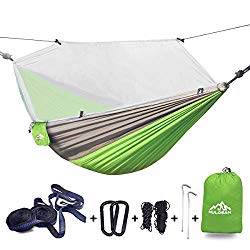 HULOSAN Camping Hammock with Net,Lightweight Hammock Tree Straps and Carabiners,Easy Assembly, Portable Parachute Nylon Hammock for Camping,Backpacking,Travel,Beach,Backyard,Patio,Hiking