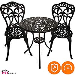 InnFinest 3-Piece Patio Bistro Dining Set – Cast Aluminum Table and Chairs – Outdoor Furniture Tulip Design – with Umbrella Hole – Ergonomic Rust-Resistant – for Porch Backyard Garden Balcony (Black)