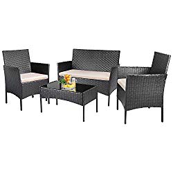 KaiMeng 4 Pieces Patio Furniture Sets Outdoor Indoor Use Conversation Sets Rattan Wicker Chair with Table Backyard Lawn Porch Garden Poolside Balcony Furniture(Black)