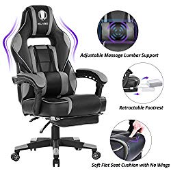 KILLABEE Massage Gaming Chair High Back PU Leather PC Racing Computer Desk Office Swivel Recliner with Retractable Footrest and Adjustable Lumbar Support, Gray/Black