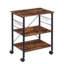 KINGSO Kitchen Microwave Cart 3-Tier Kitchen Utility Cart Coffee Cart Station Shelf Organizer Kitchen Cart on Wheels Vintage Rolling Bakers Rack with 10 Hooks for Living Room Decoration