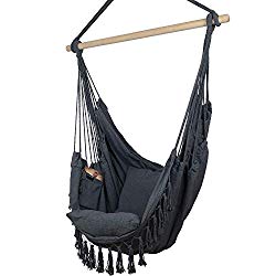 Komorebi Hammock Chair | Hanging Rope Swing Seat for Indoor & Outdoor | Soft & Durable Cotton Canvas | 2 Cushions Included | Large Reading Chair with Pocket for Bedroom, Patio, Porch (Grey)