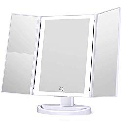 KOOLORBS New Version Makeup Mirror with lights, 3 Color Lighting Vanity Mirror, 1x 2x 3x Magnification, Touch Screen Switch, 180 Degree Rotation Rotation, Dual Power Supply, Portable Trifold Mirror