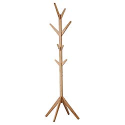 LANGRIA Free Standing Bamboo Tree-Shaped Display Coat Rack Stand with 4 Tiers 8 Hooks and Solid Feet for Clothes Scarves and Hats, Bamboo Natural Color