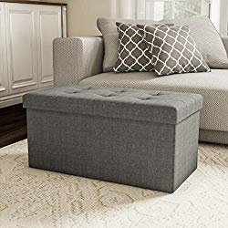 Lavish Home Large Folding Storage Bench Ottoman – Tufted Cube Organizer Furniture with Removeable Bin for Home, Bedroom, Living Room (Grey),