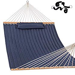 Lazy Daze Hammocks Quilted Fabric Hammock with Pillow for Two Person Double Size Spreader Bar Heavy Duty Stylish, Navy Blue