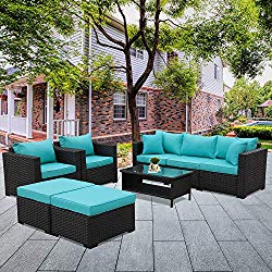Patio Wicker Furniture Set 6 Piece Outdoor PE Rattan Conversation Couch Sectional Chair Sofa Set with Turquoise Cushion