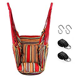 QF Hammock Chair Swing Hanging Hammock Chair with 2 Cushions, Hammock Swing Seat Cotton for Patio, Porch, Bedroom, Backyard, Indoor or Outdoor – Support 330lbs (Rainbow)