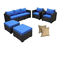 Rattaner Outdoor Wicker Sofa Set -5 Pice Patio PE Rattan Garden Sectional Conversation Cushioned Seat Couch Furniture Set Royal Blue Cushion