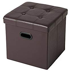 SONGMICS 15″ x 15″ x 15″ Storage Ottoman Cube/Footrest Stool/Puppy Step/Coffee Table with Hole Handle, Holds Up to 660lbs,Faux Leather, Brown , 15″