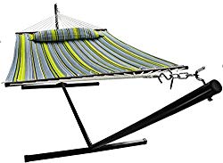 Sorbus Hammock with Stand & Spreader Bars and Detachable Pillow, Heavy Duty, 450 Pound Capacity, Accommodates 2 People, Perfect for Indoor/Outdoor Patio, Deck, Yard (Hammock with Stand, Green/Blue)