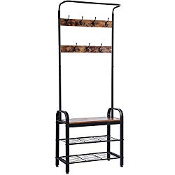 Sunnyglade Vintage Coat Rack Shoe Bench, Hall Tree Entryway Storage Shelf, Wood Look Accent Furniture Metal Frame, 3 in 1 Design, Easy Assembly