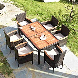 Tangkula 7 PCS Outdoor Patio Dining Set, Garden Dining Set w/Acacia Wood Table Top, Stackable Chairs with Soft Cushion, Poly Wicker Dining Table and Chairs Set (Brown)