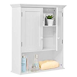 TANGKULA Wall Mount Bathroom Cabinet Wooden Medicine Cabinet Storage Organizer with 2-Doors and 1- Shelf Cottage Collection Wall Cabinet White