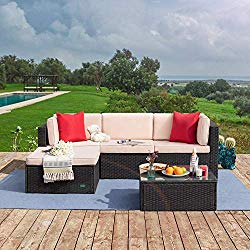 Tuoze 5 Pieces Patio Furniture Sectional Set Outdoor All-Weather PE Rattan Wicker Lawn Conversation Sets Cushioned Garden Sofa Set with Glass Coffee Table (Brown)