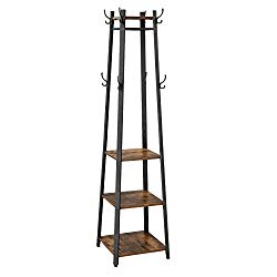 VASAGLE Industrial Coat Rack, Coat Stand with 3 Shelves, Hall Trees Free Standing with Hooks and Clothes Rail, Metal Frame ULCR80X
