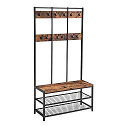 VASAGLE Industrial Coat Rack Shoe Bench, Hall Tree Entryway Storage Shelf, Large Size, Wood Look Accent Furniture with Metal Frame, Easy Assembly UHSR86BX