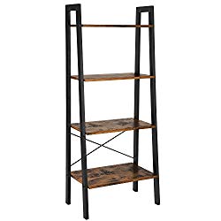 VASAGLE Industrial Ladder Shelf, 4-Tier Bookshelf, Storage Rack Shelves, Bathroom, Living Room, Wood Look Accent Furniture, Metal Frame, Rustic Brown ULLS44X