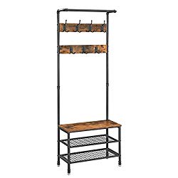 VASAGLE URBENCE Hall Tree, Coat Rack Stand with Bench, Shoe Rack with 2 Mesh Shelves, Hallway, Living Room, Metal, Easy Assembly, Industrial Design, Rustic Brown UHSR37BX