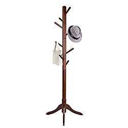 Vlush Free Standing Coat Rack, 8 Hooks Wooden Coat Hat Tree Coat Hanger Holder Enterway Hall Tree with Solid Rubber Wood Base for Coat, Hat, Clothes, Scarves, Handbags, Umbrella-Coffee