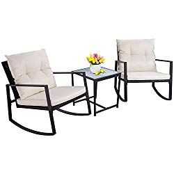 Walsunny 3 Pieces Patio Set Outdoor Wicker Patio Furniture Sets Modern Rocking Bistro Set Rattan Chair Conversation Sets with Coffee Table (Black)