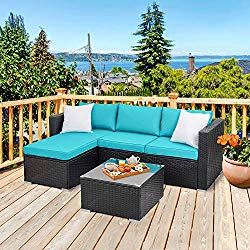 Walsunny Outdoor Furniture Patio Sets,Low Back All-Weather Small Rattan Sectional Sofa with Tea Table&Washable Couch Cushions&Upgrade Wicker(Black Rattan) (3-Piece, Blue)