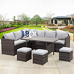 Wisteria Lane Patio Furniture Set,7 PCS Outdoor Conversation Set All Weather Wicker Sectional Sofa Couch Dining Table Chair with Ottoman,Grey