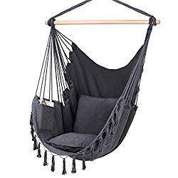 Y- STOP Hammock Chair Hanging Rope Swing-Max 330 Lbs-2 Cushions Included-Large Macrame Hanging Chair with Pocket- Quality Cotton Weave for Superior Comfort & Durability (Grey)