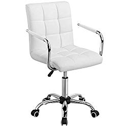 Yaheetech White Desk Chairs with Wheels/Armrests Modern PU Leather Office Chair Midback Adjustable Home Computer Executive Chair on Wheels 360° Swivel
